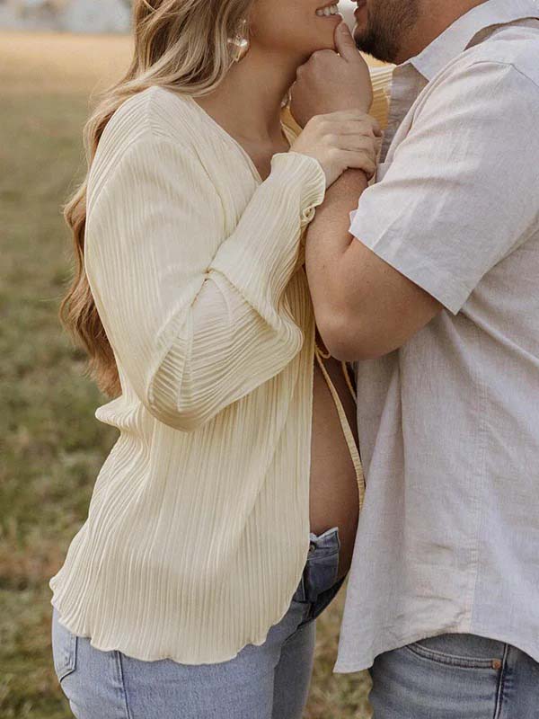 Beige lace-up Flare Sleeve Modern Fashion Maternity Photoshoot Blouse Maternity