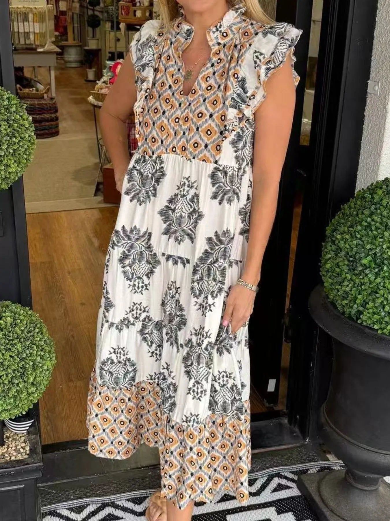 Notched Ruffled Cap Sleeve Dress DJPT