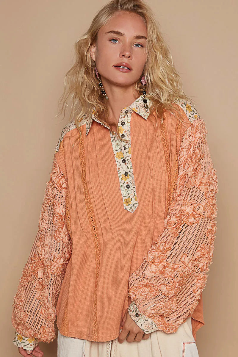 Floral Half Button Lace Detail Long Sleeve Top DJPT