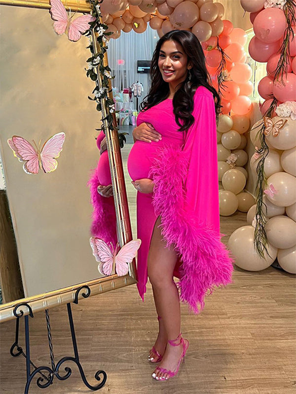 One Shoulder Feather Splicing Side Slit Bodycon Evening Maternity Baby Shower Midi Dress Maternity