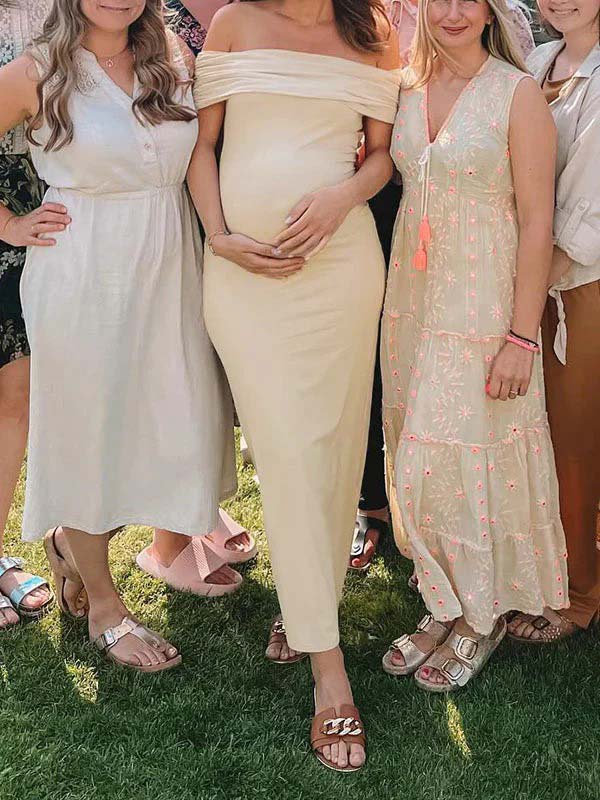 Beige Off Shoulder Ruched Back Slit Bodycon Elegant Baby Shower Maternity Maxi Dress Maternity