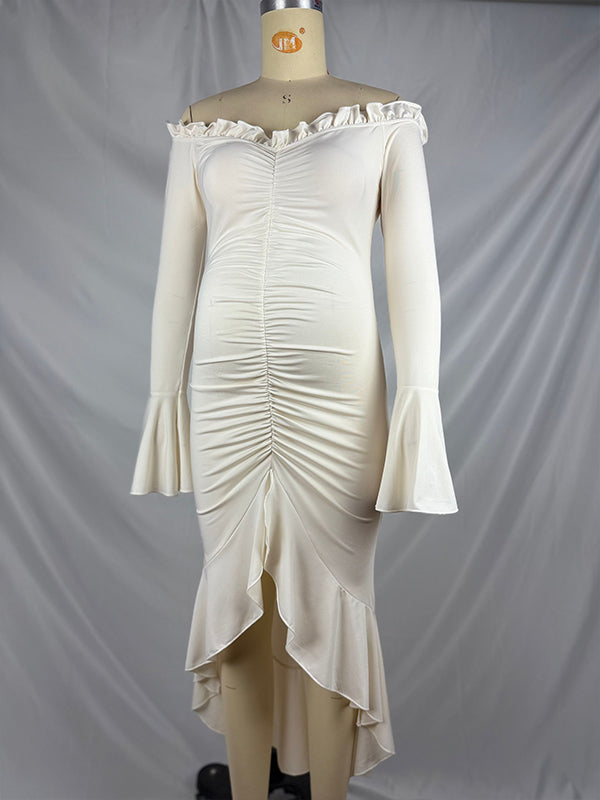 Beige Off Shoulder Ruffle Falbala Ruched Slit Mermaid Elegant Maternity Baby Shower Maxi Dress Maternity