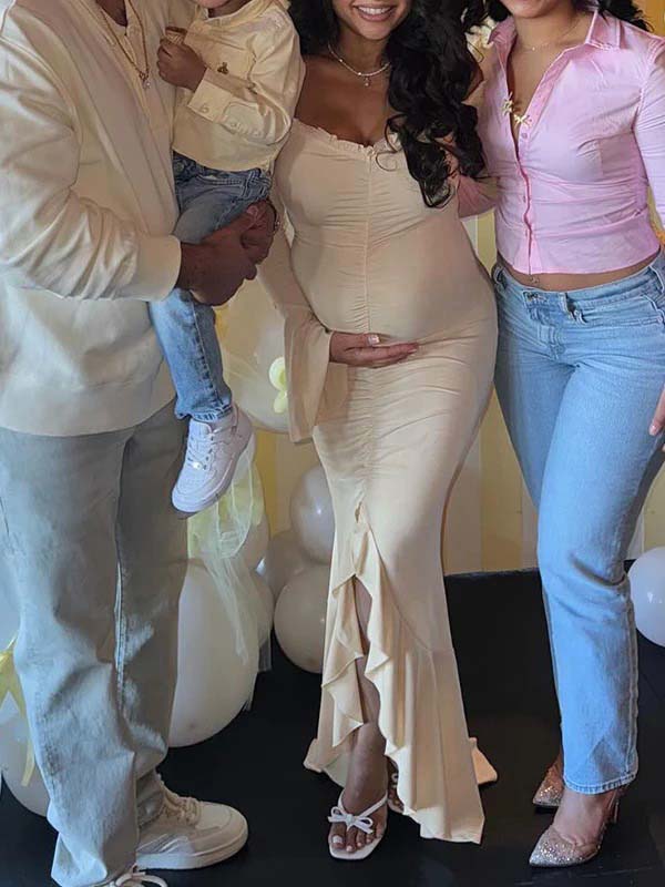 Beige Off Shoulder Ruffle Falbala Ruched Slit Mermaid Elegant Maternity Baby Shower Maxi Dress Maternity