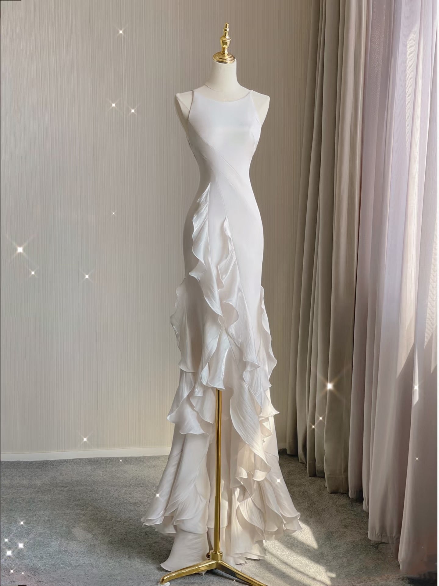 Mermaid Scoop Satin Night Party Dress White Long Prom Dresses SD1524 HZ0628