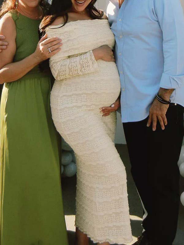 Beige Lace Off Shoulder Ruffle Falbala Bodycon Elegant Maternity Baby Shower Maxi Dress Maternity