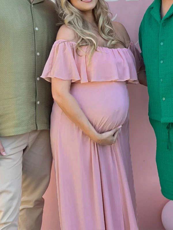 Flowy Chiffon Off Shoulder Ruffle Falbala Side Slit Big Swing Elegant Evening Gown Maternity Photoshoot Baby Shower Maxi Dress Maternity