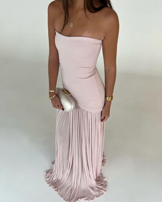 Mermaid Strapless Neckline Pink Long Chiffon Party Dresses Prom Dress SD2028 HZ0628