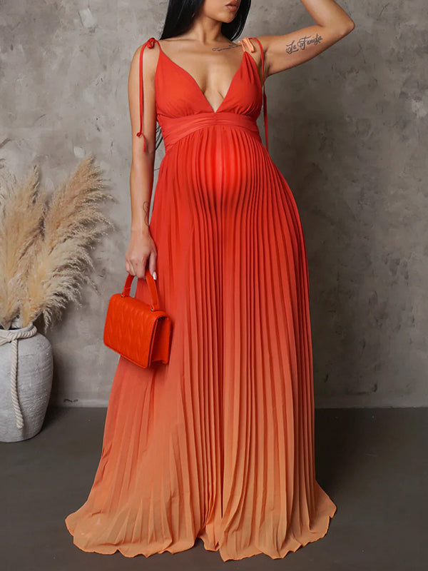 Belly Friendly Spaghetti Strap Pleated Gradient Color Babyshower Maternity Maxi Dress Maternity