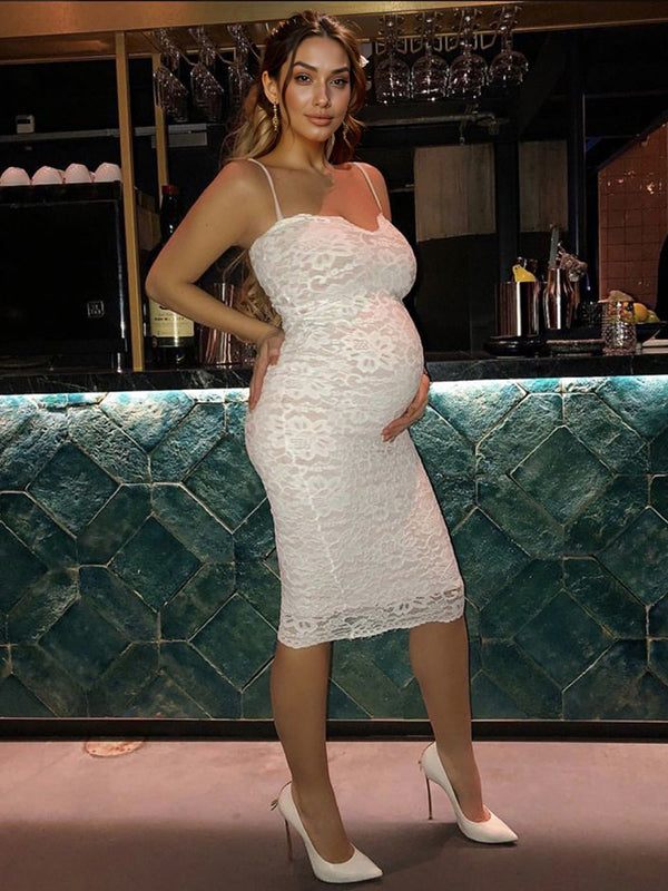 White Lace Spaghetti Strap Backless V-Neck Elegant Babyshower Party Maternity Midi Dress Maternity