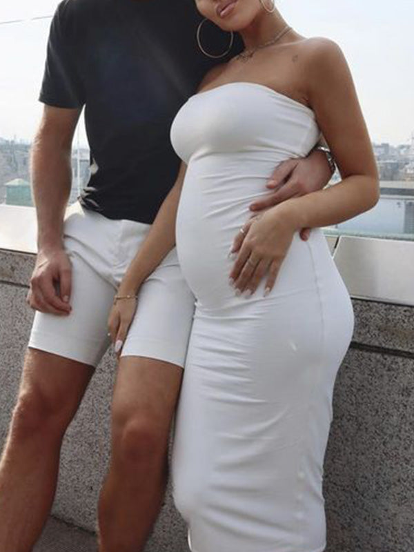 Bandeau Strapless Tube Party Dress Sleeveless Bodycon Babyshower Casual Maternity Maxi Dress Maternity