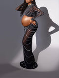 Black Mesh Rhinestone High Neck Crop 2-in-1 Midriff Bodycon Long Sleeve Photoshoot Evening Plus Size Maternity Maxi Dress Maternity