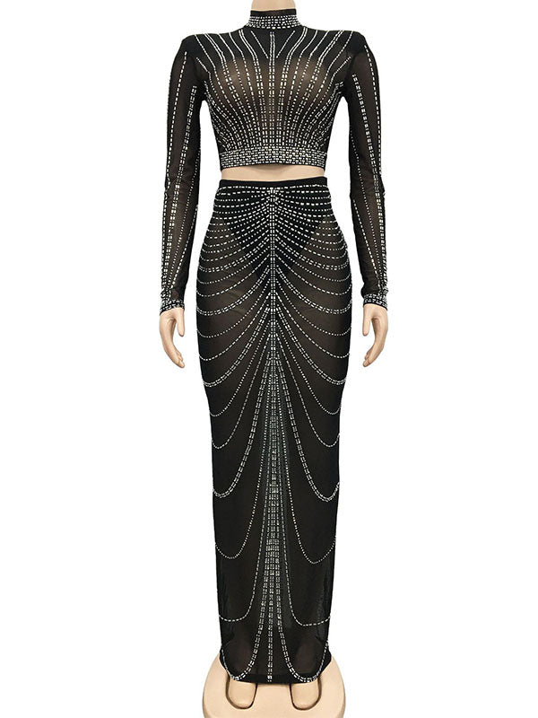 Black Mesh Rhinestone High Neck Crop 2-in-1 Midriff Bodycon Long Sleeve Photoshoot Evening Plus Size Maternity Maxi Dress Maternity