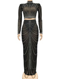 Black Mesh Rhinestone High Neck Crop 2-in-1 Midriff Bodycon Long Sleeve Photoshoot Evening Plus Size Maternity Maxi Dress Maternity