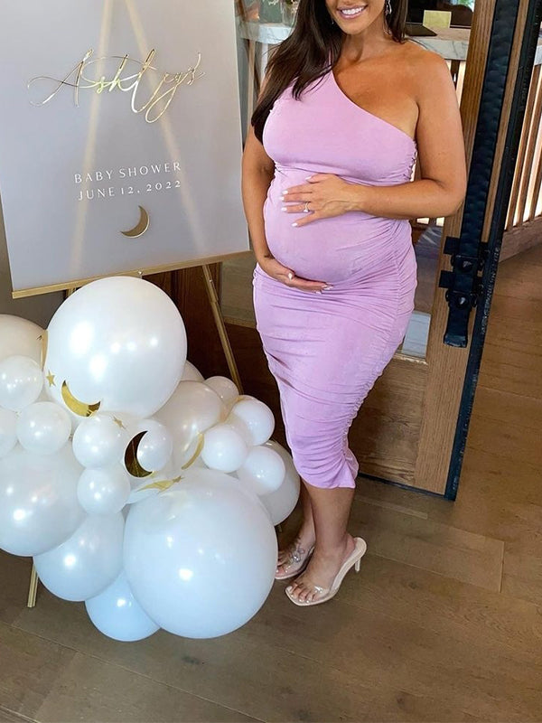 Lavender Ruched One Shoulder Irregular Ruffle Bodycon Elegant Baby Shower Party Maternity Midi Dress Maternity