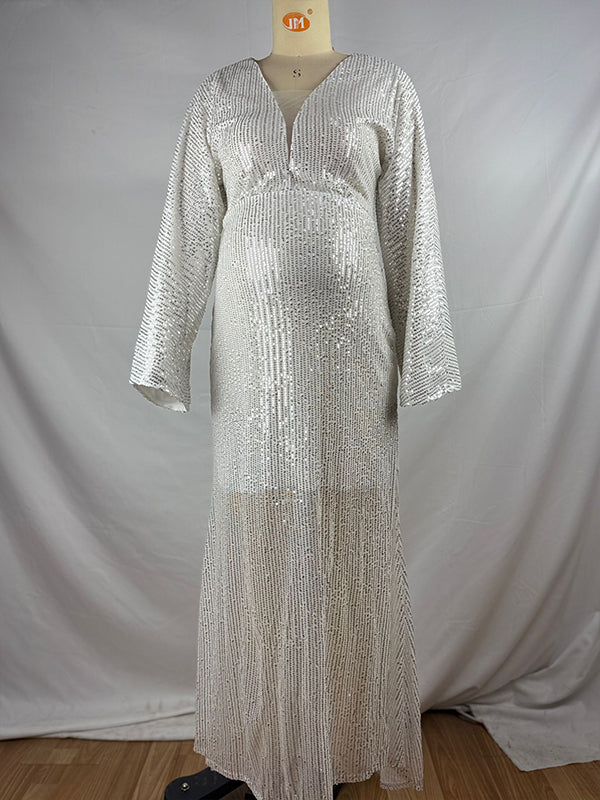 Belly Friendly Sequin Mermaid V-neck Dolman Sleeve Babyshower Maternity Maxi Dress Maternity