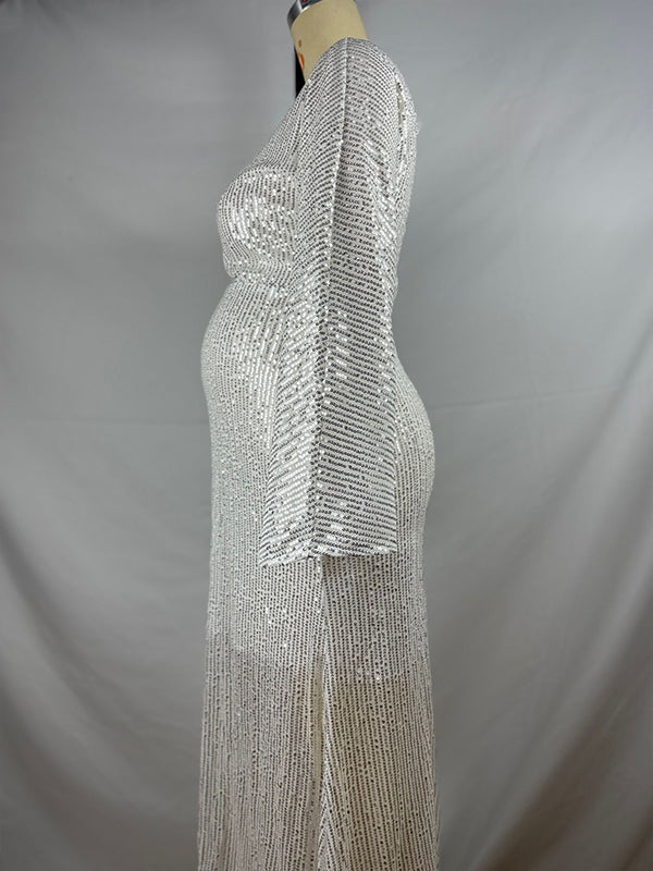 Belly Friendly Sequin Mermaid V-neck Dolman Sleeve Babyshower Maternity Maxi Dress Maternity