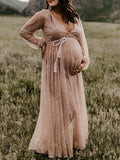Belly Friendly V-neck Glitter Pleated Belt Boho Evening Photoshoot Babyshower Maternity Maxi Dress Maternity