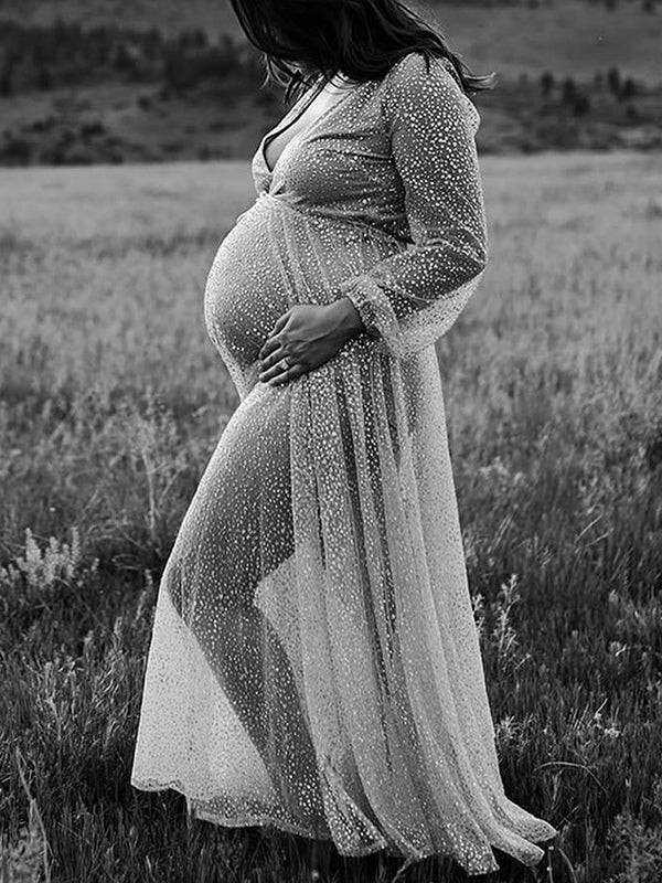 Belly Friendly V-neck Glitter Pleated Belt Boho Evening Photoshoot Babyshower Maternity Maxi Dress Maternity
