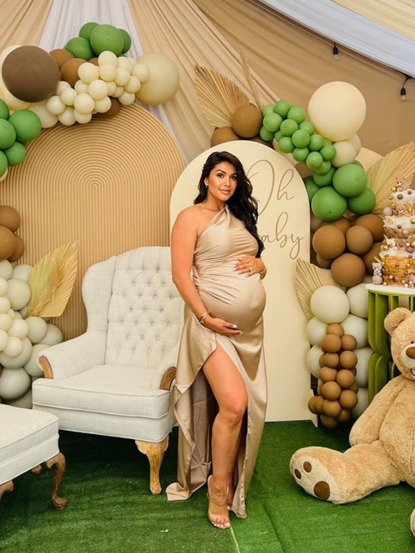 Champagne Gold One Shoulder Backless Side Slit Satin Evening Babyshower Maternity Maxi Dress Maternity