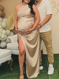 Champagne Gold One Shoulder Backless Side Slit Satin Evening Babyshower Maternity Maxi Dress Maternity