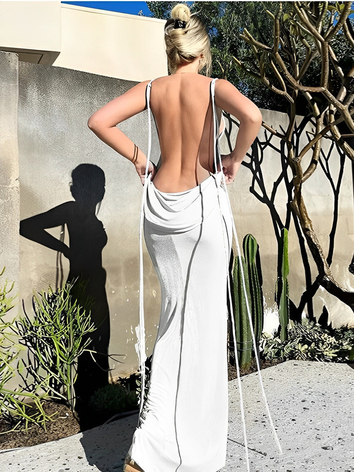 White Bodycon Backless Draped Spaghetti Strap Lace Up Photoshoot Party Maternity Maxi Dress Maternity