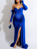 Off Shoulder Split Trailing Ruched Baceless Evening Babyshower Maternity Maxi Dress Maternity