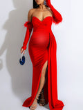 Off Shoulder Split Trailing Ruched Baceless Evening Babyshower Maternity Maxi Dress Maternity
