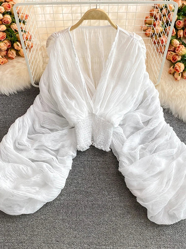 Belly Friendly Loose Puff Sleeve Props Accessories Sheer Photography Babyshower Maternity Pleated Top Maternity