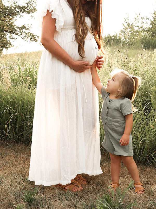 White Deep V Neck Button Down Boho Beach Bikini Cover Up Dress Party Photoshoot Maternity Dress Maternity