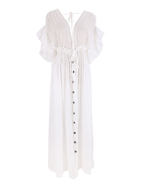 White Deep V Neck Button Down Boho Beach Bikini Cover Up Dress Party Photoshoot Maternity Dress Maternity