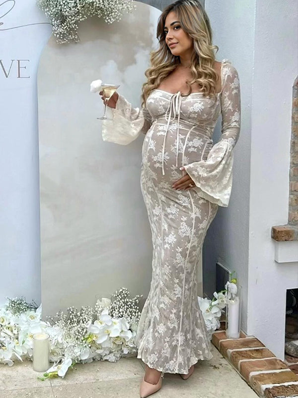White Lace Corset Square Neck Flare Sleeve Off Shoulder Bodycon Elegant Cocktail Party Maternity Photoshoot Baby Shower Maxi Dress Maternity