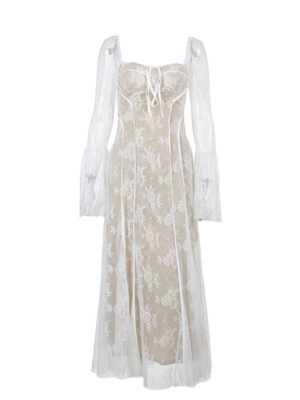 White Lace Corset Square Neck Flare Sleeve Off Shoulder Bodycon Elegant Cocktail Party Maternity Photoshoot Baby Shower Maxi Dress Maternity