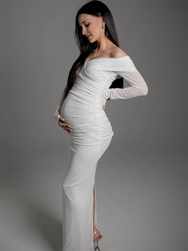 White Off Shoulder Sparkly Back Slit Sheer Bodycon Elegant Baby Shower Evening Photoshoot Maternity Maxi Dress Maternity