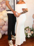 White Ruched Off Shoulder Backless Bodycon Elegant Cocktail Party Gown Maternity Photoshoot Baby Shower Maxi Dress Maternity