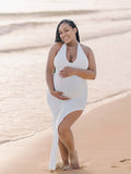 White Side Slit Halter Neck Backless Deep V-neck Bodycon Elegant Cocktail Party Gown Maternity Photoshoot Baby Shower Maxi Dress Maternity