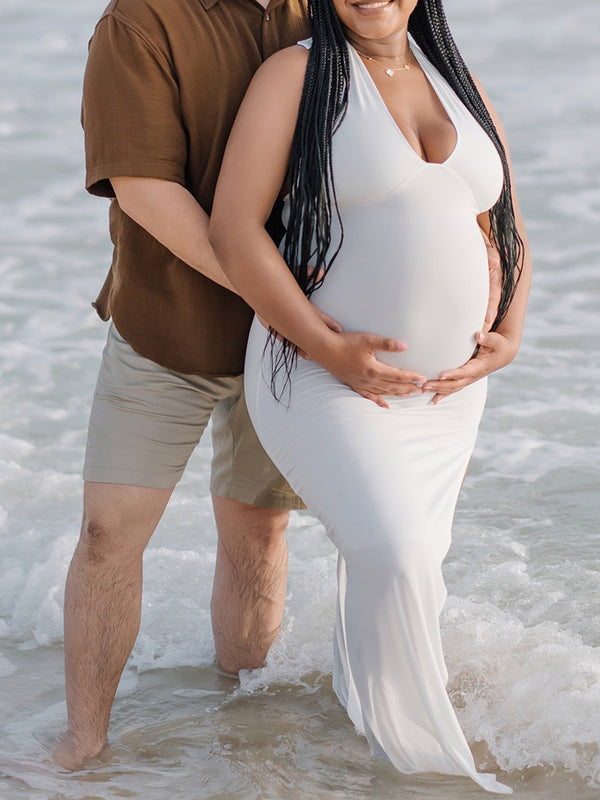 White Side Slit Halter Neck Backless Deep V-neck Bodycon Elegant Cocktail Party Gown Maternity Photoshoot Baby Shower Maxi Dress Maternity