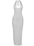 White Side Slit Halter Neck Backless Deep V-neck Bodycon Elegant Cocktail Party Gown Maternity Photoshoot Baby Shower Maxi Dress Maternity