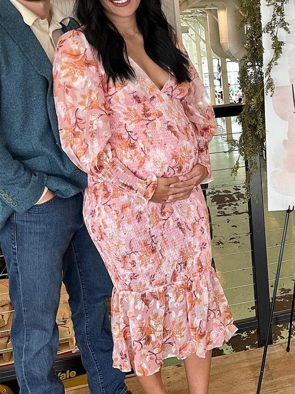 Pink Floral Smocked Mermaid Deep V-neck Lantern Sleeve Elegant Cocktail Party Maternity Photoshoot Baby Shower Maxi Dress Maternity