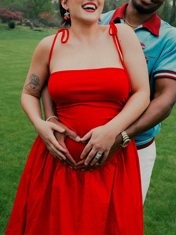 Solid Color Ruched Knotted Adjustable Strap Pockets Big Swing Drop-Waist Puffball Elegant Cocktail Party Gown Maternity Photoshoot Baby Shower Maxi Dress Maternity