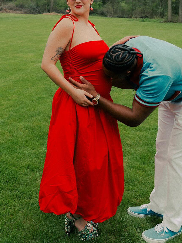 Solid Color Ruched Knotted Adjustable Strap Pockets Big Swing Drop-Waist Puffball Elegant Cocktail Party Gown Maternity Photoshoot Baby Shower Maxi Dress Maternity