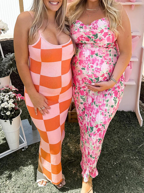 Pink Floral Pleated Bodycon Cami Elegant Cocktail Party Going Out Maternity Photoshoot Baby Shower Maxi Dress Maternity