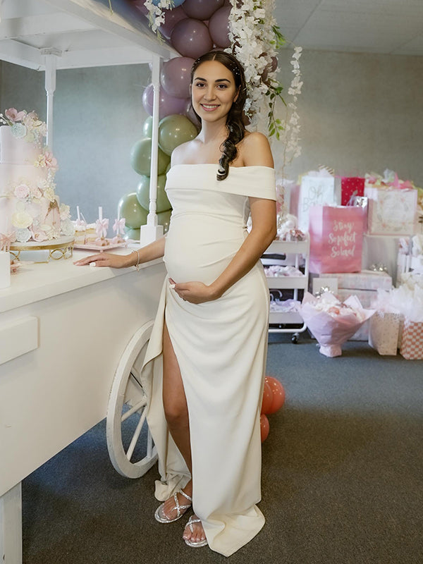 White Off Shoulder Ruched Ruffle Falbala Side Slit Bodycon Elegant Cocktail Evening Gown Gown Maternity Photoshoot Baby Shower Maxi Dress Maternity
