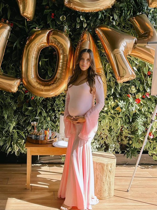 Pink High-low Mesh Patchwork Falbala Ruffle Flare Sleeve Mermaid Elegant Cocktail Party Maternity Photoshoot Babyshower Maxi Dress Maternity