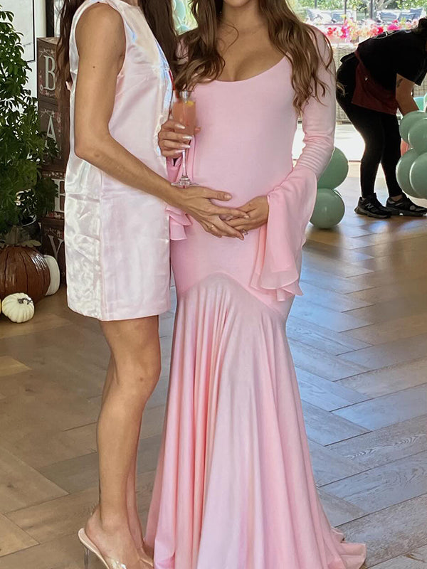 Pink High-low Mesh Patchwork Falbala Ruffle Flare Sleeve Mermaid Elegant Cocktail Party Maternity Photoshoot Babyshower Maxi Dress Maternity