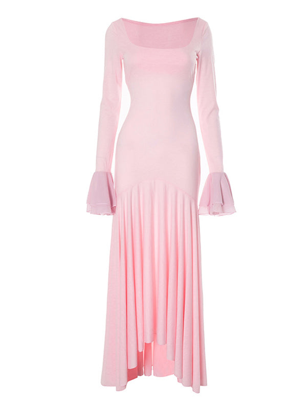 Pink High-low Mesh Patchwork Falbala Ruffle Flare Sleeve Mermaid Elegant Cocktail Party Maternity Photoshoot Babyshower Maxi Dress Maternity