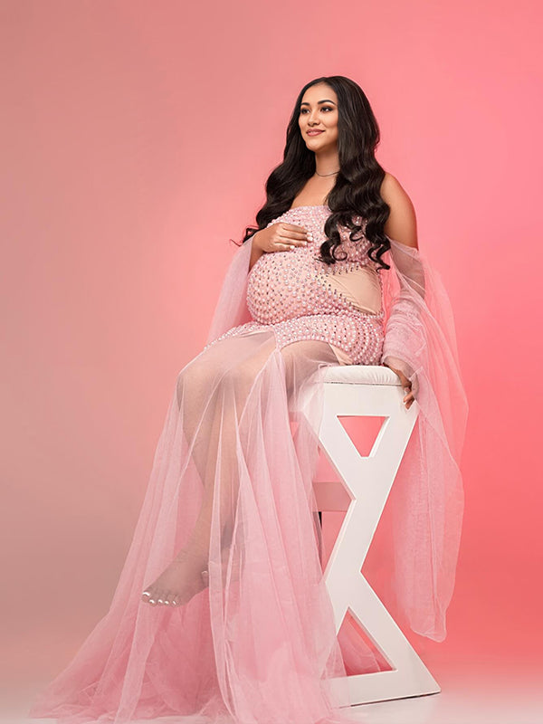 Flowy Off Shoulder Tulle Beading Pearls Rhinestone Bodice Mermaid Elegant Cocktail Evening Gown Luxury Sheer Maternity Baby Shower Maxi Dress Maternity