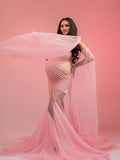 Flowy Off Shoulder Tulle Beading Pearls Rhinestone Bodice Mermaid Elegant Cocktail Evening Gown Luxury Sheer Maternity Baby Shower Maxi Dress Maternity