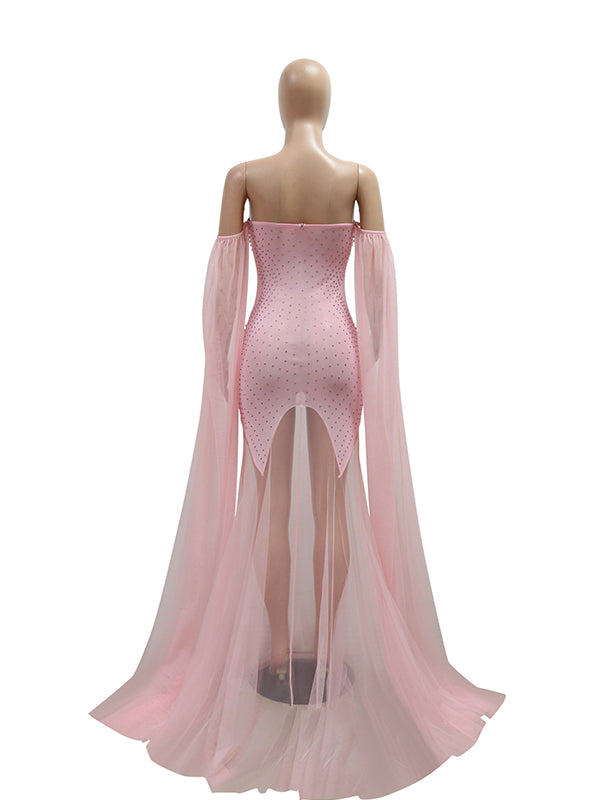 Flowy Off Shoulder Tulle Beading Pearls Rhinestone Bodice Mermaid Elegant Cocktail Evening Gown Luxury Sheer Maternity Baby Shower Maxi Dress Maternity