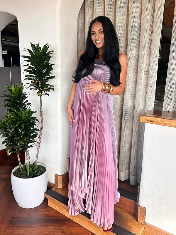 Pink Gradient Color Bandeau Pleated Big Swing Strapless Elegant Cocktail Party Maternity Photoshoot Baby Shower Maxi Dress Maternity
