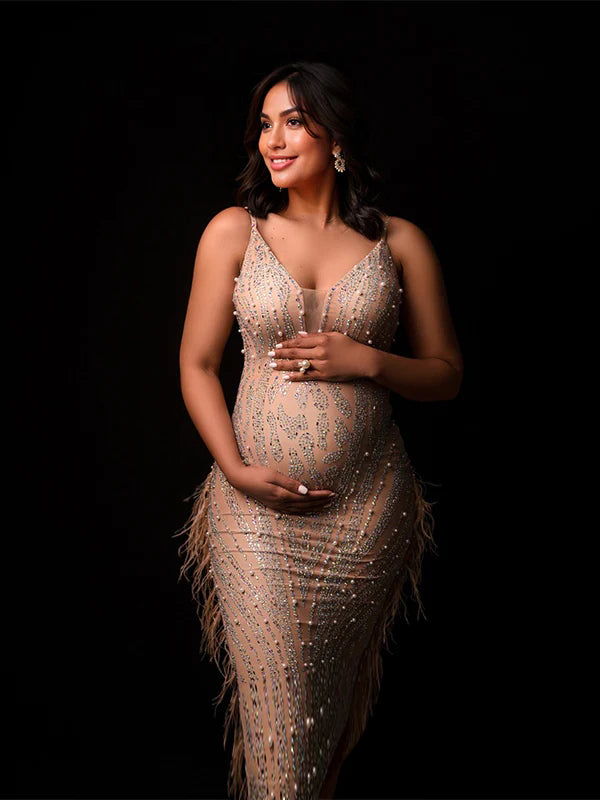 Beige Sparkly Diamond Rhinestone Mesh Tassel Sheer Bodycon Elegant Photoshoot Maternity Midi Dress Maternity